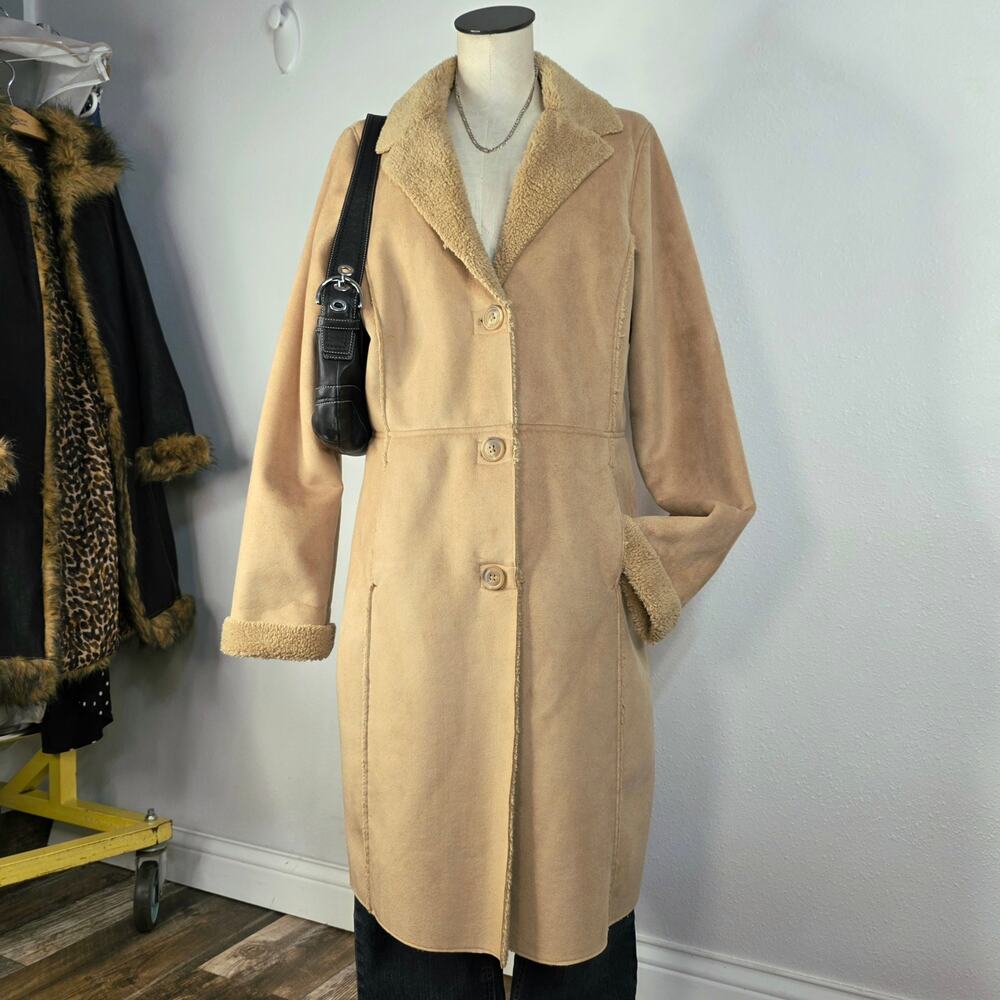 Y2K Tan Faux Suede Coat Longline Penny Lane Afghan Coat